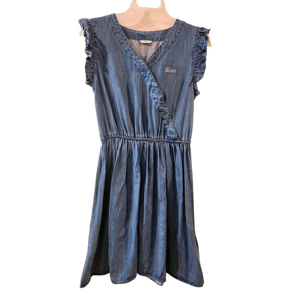 Guess Blue Denim Ruffle Dress Rhinestone Logo Girls Size 16